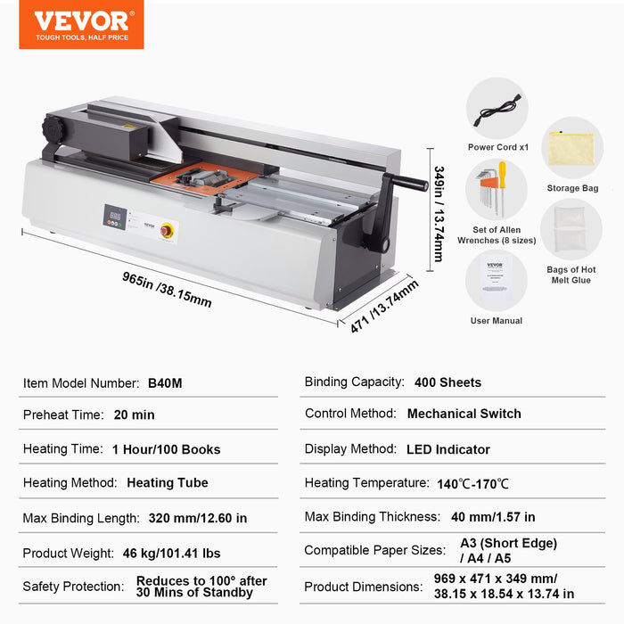 Thermal Binding Machine 400 Sheets Capacity Hot Glue Binding Machine Thermal Book Binder 40Mm Binding Thickness A3 Short Edge / A4 / A5 Document