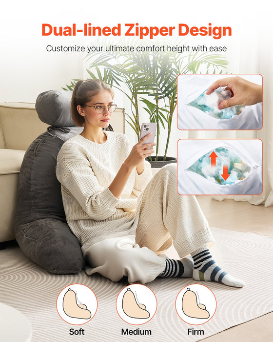 Reading Pillow Large Bed Pillow With Removable Headrest Back Pillow With 3 Pockets Shredded Memory Foam And Washable Short Velvet Cloth Side With Handles For Reading Gaming Resting Grey