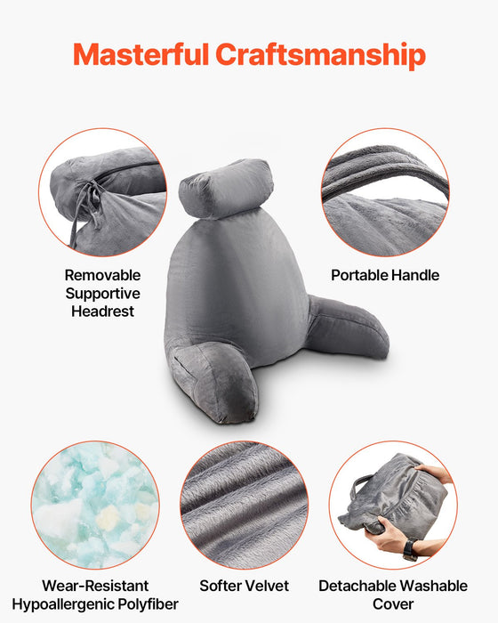 Reading Pillow Large Bed Pillow With Removable Headrest Back Pillow With 3 Pockets Shredded Memory Foam And Washable Short Velvet Cloth Side With Handles For Reading Gaming Resting Grey