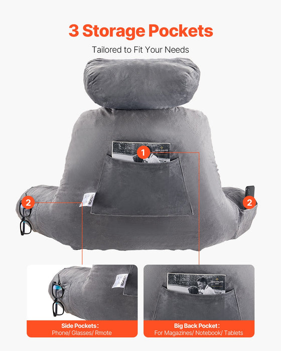 Reading Pillow Large Bed Pillow With Removable Headrest Back Pillow With 3 Pockets Shredded Memory Foam And Washable Short Velvet Cloth Side With Handles For Reading Gaming Resting Grey