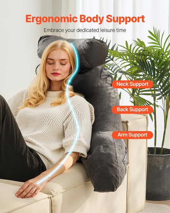 Reading Pillow Large Bed Pillow With Removable Headrest Back Pillow With 3 Pockets Shredded Memory Foam And Washable Short Velvet Cloth Side With Handles For Reading Gaming Resting Grey
