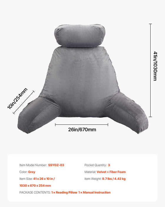 Reading Pillow Large Bed Pillow With Removable Headrest Back Pillow With 3 Pockets Shredded Memory Foam And Washable Short Velvet Cloth Side With Handles For Reading Gaming Resting Grey