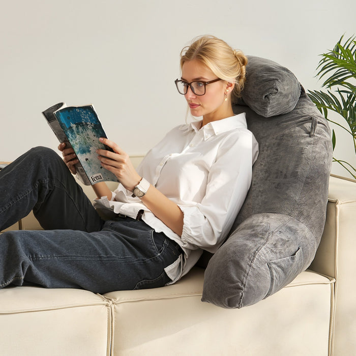 Reading Pillow Large Bed Pillow With Removable Headrest Back Pillow With 3 Pockets Shredded Memory Foam And Washable Short Velvet Cloth Side With Handles For Reading Gaming Resting Grey