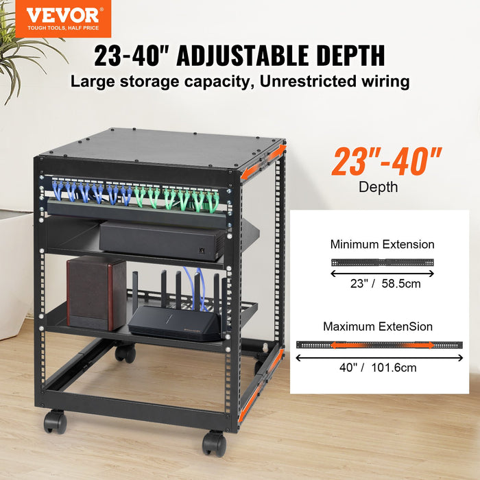 12U Open Frame Server Rack 15''-40'' Adjustable Depth Free Standing Or Wall Mount Network Server Rack 4 Post Av Rack With Casters Holds All Your Networking It Equipment Av Gear Router Modem