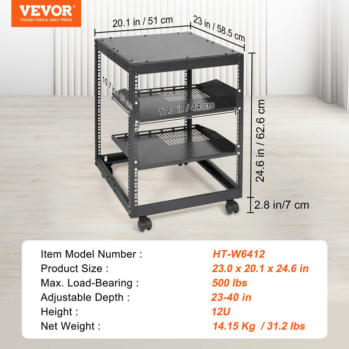 12U Open Frame Server Rack 15''-40'' Adjustable Depth Free Standing Or Wall Mount Network Server Rack 4 Post Av Rack With Casters Holds All Your Networking It Equipment Av Gear Router Modem