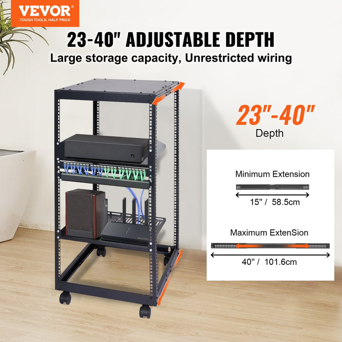 20U Open Frame Server Rack 15''-40'' Adjustable Depth Free Standing Or Wall Mount Network Server Rack 4 Post Av Rack With Casters Holds All Your Networking It Equipment Av Gear Router Modem