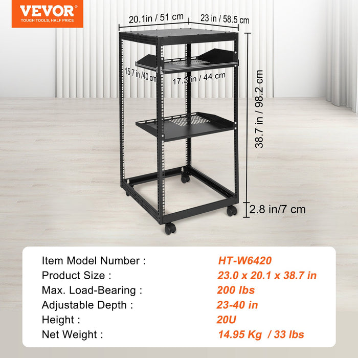 20U Open Frame Server Rack 15''-40'' Adjustable Depth Free Standing Or Wall Mount Network Server Rack 4 Post Av Rack With Casters Holds All Your Networking It Equipment Av Gear Router Modem