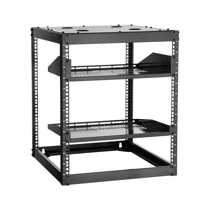 12U Open Frame Network Rack 585 Mm Depth Wall Mounted Or Floor Standing Server Rack Heavy Duty 4 Post With Vented Shelves & Mounting Hardware Holds All Your Networking It Equipment Av Gear