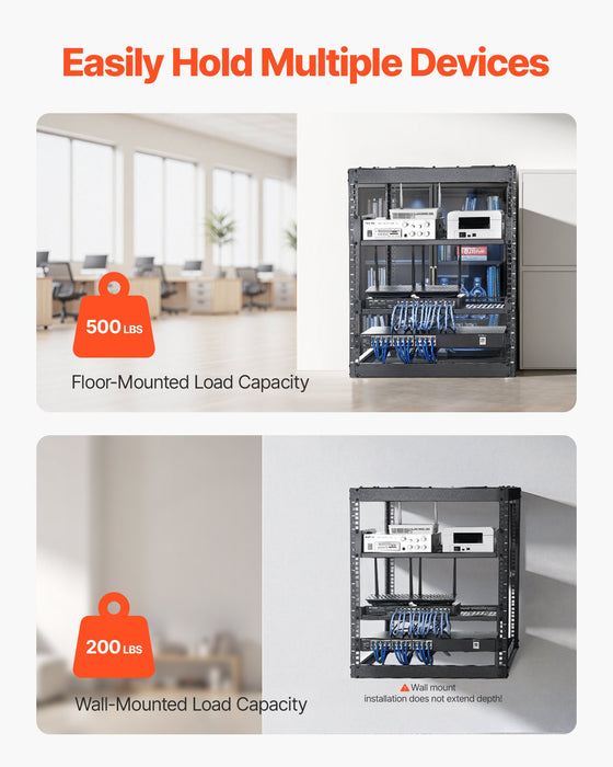 12U Open Frame Network Rack 585 Mm Depth Wall Mounted Or Floor Standing Server Rack Heavy Duty 4 Post With Vented Shelves & Mounting Hardware Holds All Your Networking It Equipment Av Gear
