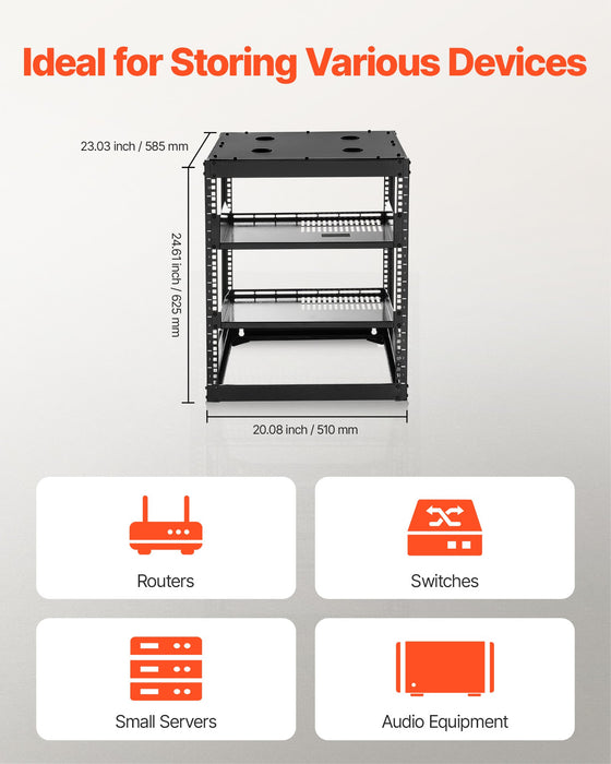 12U Open Frame Network Rack 585 Mm Depth Wall Mounted Or Floor Standing Server Rack Heavy Duty 4 Post With Vented Shelves & Mounting Hardware Holds All Your Networking It Equipment Av Gear