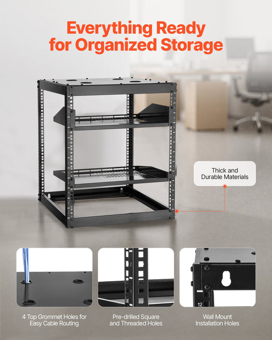 12U Open Frame Network Rack 585 Mm Depth Wall Mounted Or Floor Standing Server Rack Heavy Duty 4 Post With Vented Shelves & Mounting Hardware Holds All Your Networking It Equipment Av Gear