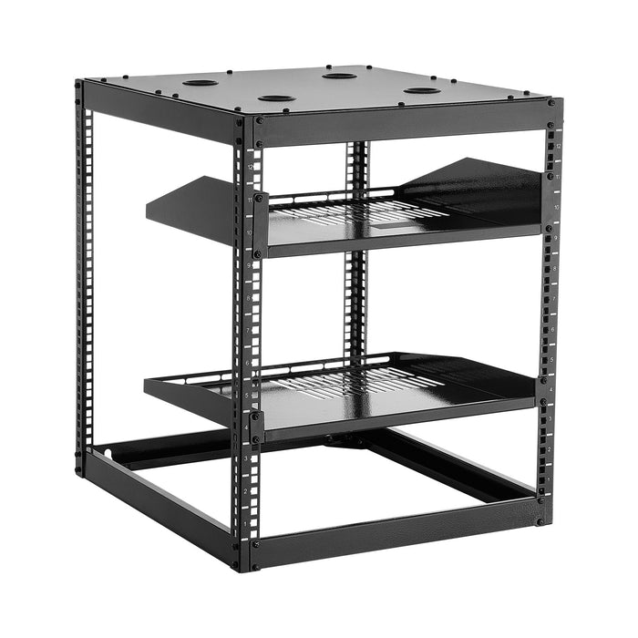 12U Open Frame Network Rack 585 Mm Depth Wall Mounted Or Floor Standing Server Rack Heavy Duty 4 Post With Vented Shelves & Mounting Hardware Holds All Your Networking It Equipment Av Gear
