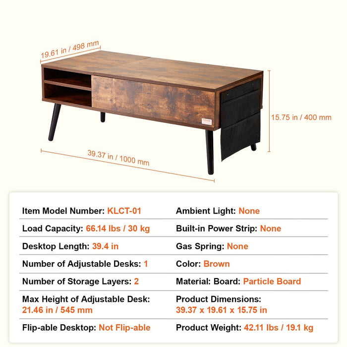 Lift Top Coffee Table 39.4 In Rectangle Coffee Table For Living Room Brown