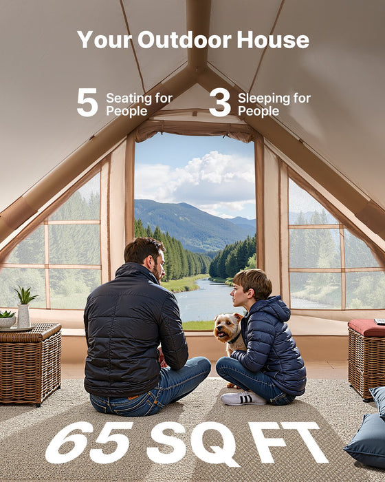 Inflatable Tents For Camping 3-5 Person Easy Setup Blow Up Tent With Hand Pump 300D Oxford 4 Season Glamping Tent With Canopy Stove Jack 2 Doors & 2 Mesh Windows Storage Bag Included