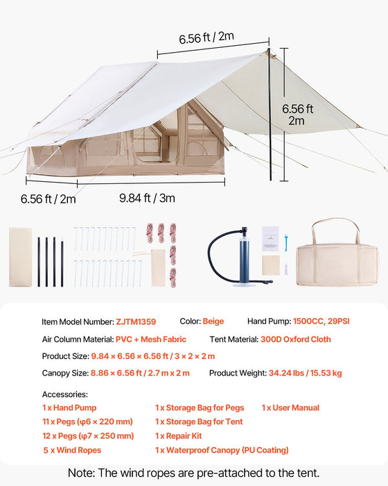 Inflatable Tents For Camping 3-5 Person Easy Setup Blow Up Tent With Hand Pump 300D Oxford 4 Season Glamping Tent With Canopy Stove Jack 2 Doors & 2 Mesh Windows Storage Bag Included