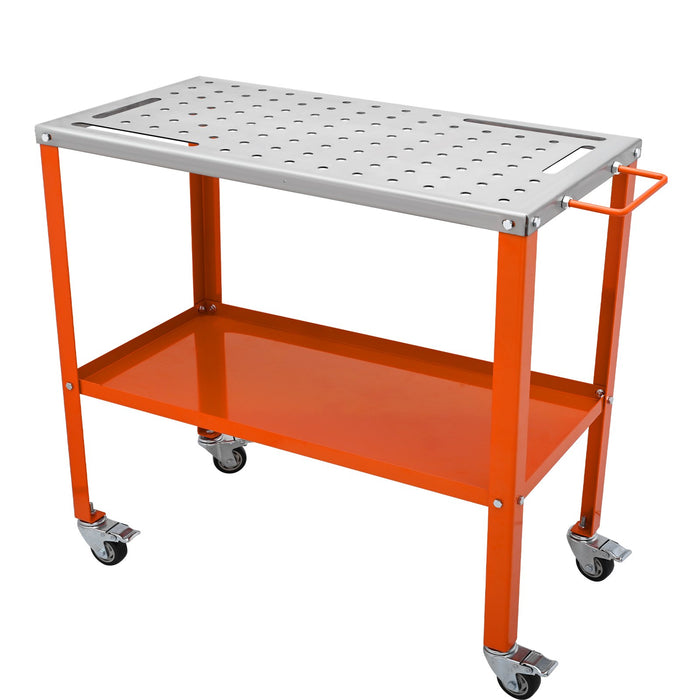 36" X 18" Welding Table 1200Lbs Load Capacity Steel Welding Workbench Table On Wheels Portable Work Bench With Braking Lockable Casters 4 Tool Slots 5 / 8-Inch Fixture Holes Tool Tray