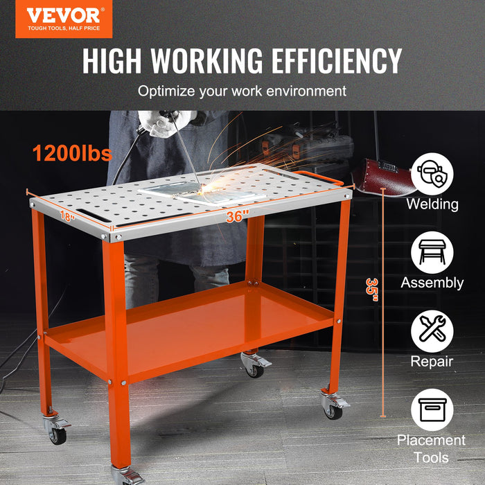 36" X 18" Welding Table 1200Lbs Load Capacity Steel Welding Workbench Table On Wheels Portable Work Bench With Braking Lockable Casters 4 Tool Slots 5 / 8-Inch Fixture Holes Tool Tray