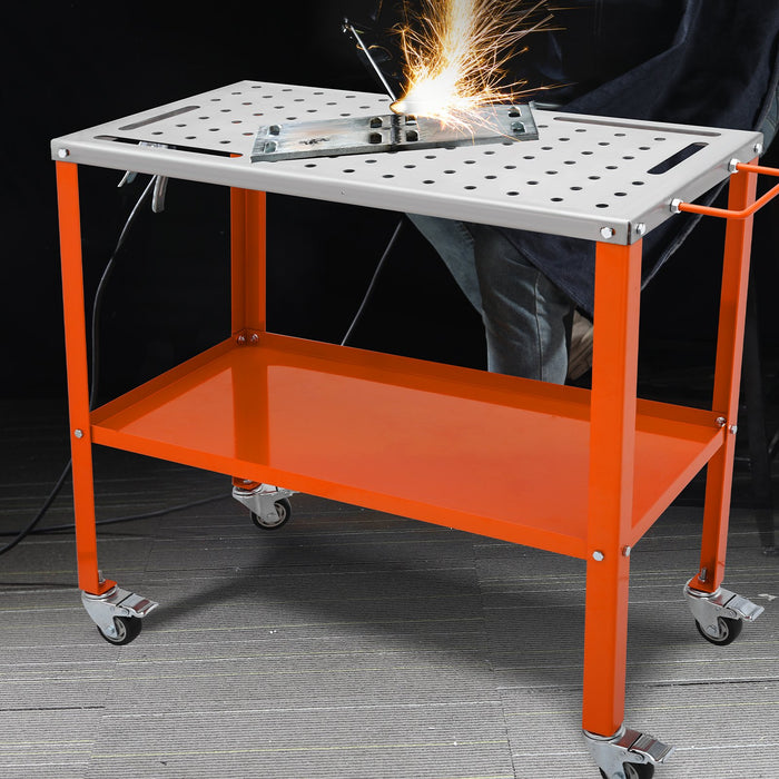 36" X 18" Welding Table 1200Lbs Load Capacity Steel Welding Workbench Table On Wheels Portable Work Bench With Braking Lockable Casters 4 Tool Slots 5 / 8-Inch Fixture Holes Tool Tray