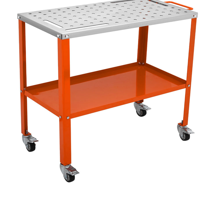36" X 18" Welding Table 1200Lbs Load Capacity Steel Welding Workbench Table On Wheels Portable Work Bench With Braking Lockable Casters 4 Tool Slots 5 / 8-Inch Fixture Holes Tool Tray