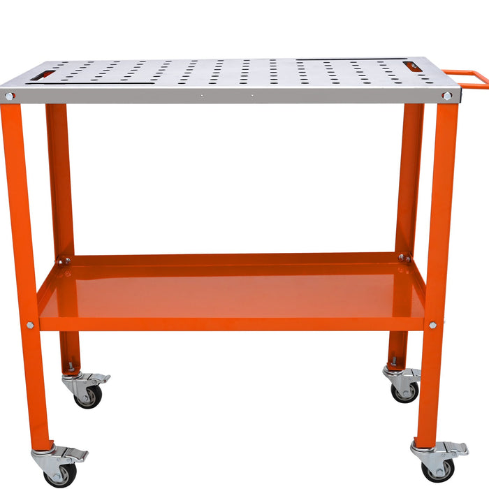 36" X 18" Welding Table 1200Lbs Load Capacity Steel Welding Workbench Table On Wheels Portable Work Bench With Braking Lockable Casters 4 Tool Slots 5 / 8-Inch Fixture Holes Tool Tray