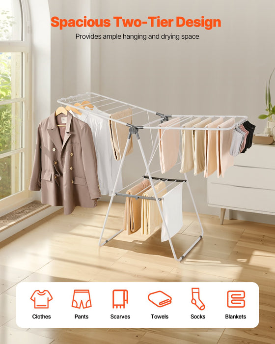 2-Tier Foldable Clothes Drying Rack With Sock Clips & 21 Drying Rods White