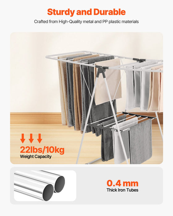 2-Tier Foldable Clothes Drying Rack With Sock Clips & 21 Drying Rods White
