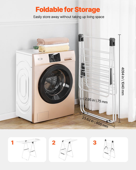 2-Tier Foldable Clothes Drying Rack With Sock Clips & 21 Drying Rods White