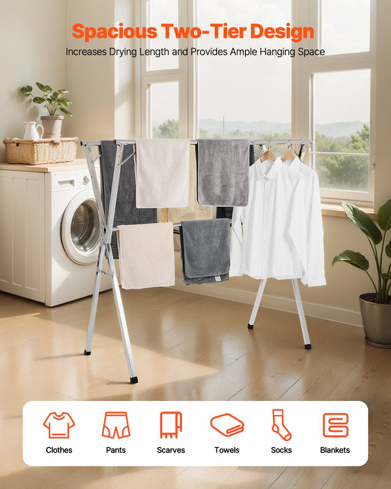 2-Tier Telescopic Clothes Drying Rack W / 30 Windproof Holes & 2 Shoe Hooks