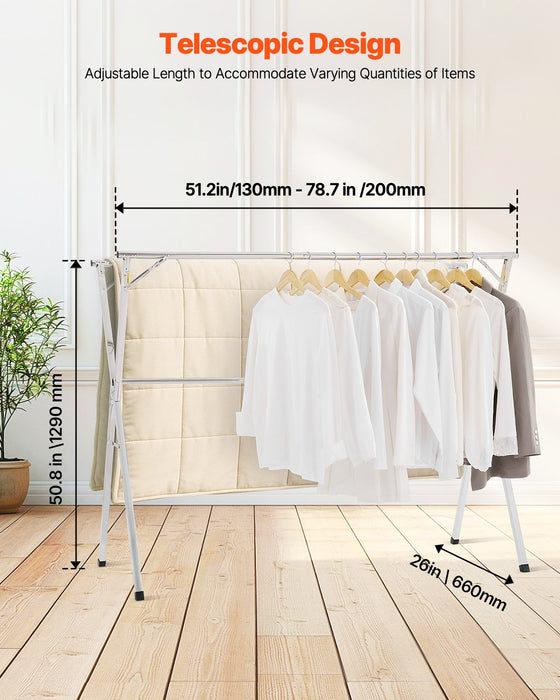 2-Tier Telescopic Clothes Drying Rack W / 30 Windproof Holes & 2 Shoe Hooks