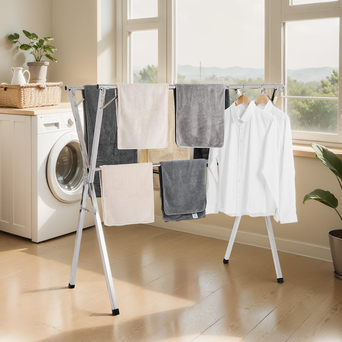 2-Tier Telescopic Clothes Drying Rack W / 30 Windproof Holes & 2 Shoe Hooks