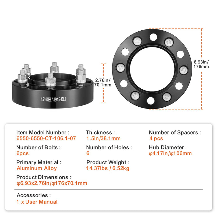 1.5" 6"X5.5" Wheel Spacers Wheel Adapters 6 Lug Forged Spacer 4 Pcs Black