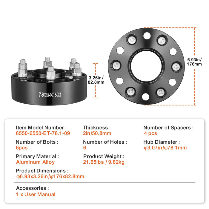 2" 6"X5.5" Wheel Spacers Wheel Adapters 6 Lug Forged Spacer 4 Pcs Black