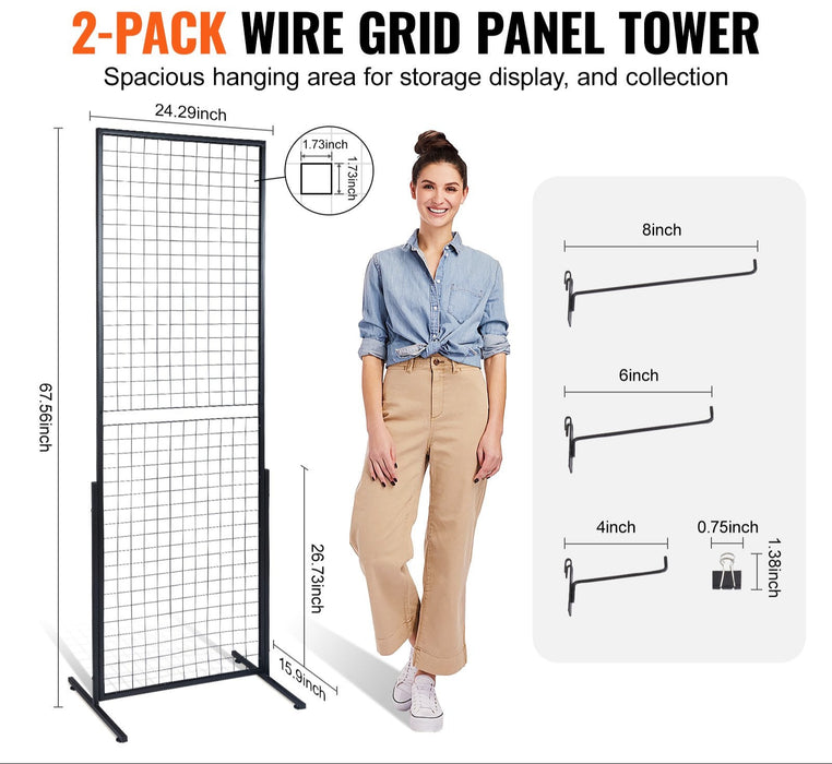 2' X 5.6' Grid Wall Panels Tower 2 Packs Wire Gridwall Display Racks With T-Base Floorstanding Double Side Gridwall Panels For Art Craft Shows Retail Display With Extra Clips And Hooks