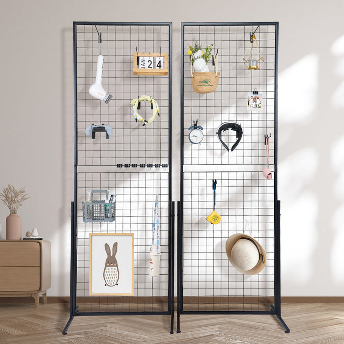 2' X 5.6' Grid Wall Panels Tower 2 Packs Wire Gridwall Display Racks With T-Base Floorstanding Double Side Gridwall Panels For Art Craft Shows Retail Display With Extra Clips And Hooks