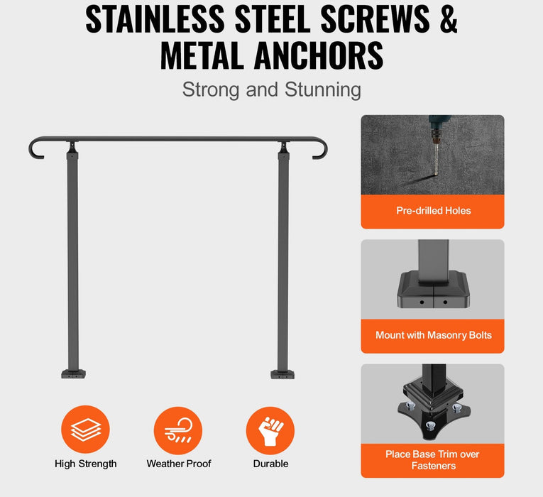 Handrails For Outdoor Steps Fit 1-3 Steps Wrought Iron Handrail Outdoor Stair Railing Adjustable Front Porch Hand Rail Black Transitional Hand Railings For Concrete Steps Or Wooden Stairs