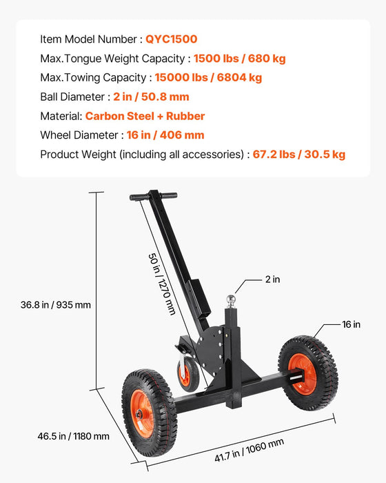 Trailer Dolly 1500Lbs Tongue Weight Capacity 2 In 1 Trailer Mover With 2 In Ball 16 In Pneumatic Tires And Universal Wheel Portable Tow Dolly For Moving Car Rv Trailer