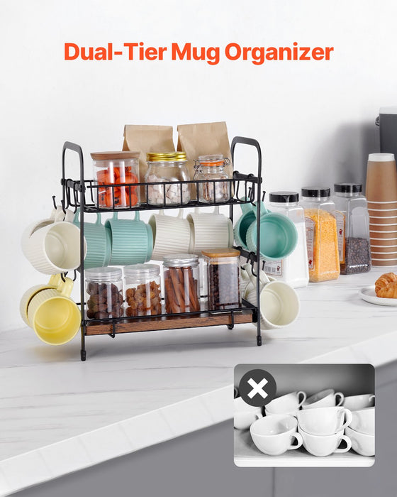 2 Tier Coffee Bar Organizer For Countertop W / 12 Movable Hooks Mug Holder