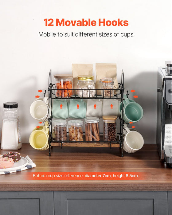 2 Tier Coffee Bar Organizer For Countertop W / 12 Movable Hooks Mug Holder