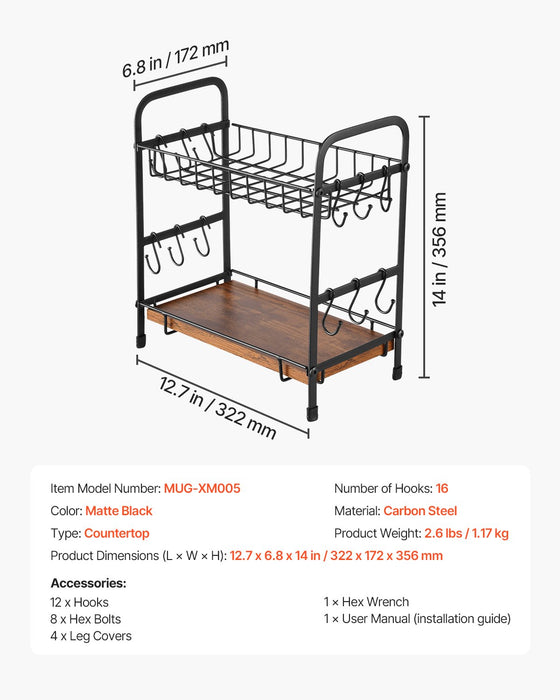 2 Tier Coffee Bar Organizer For Countertop W / 12 Movable Hooks Mug Holder