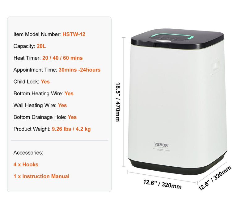 20L Large Towel Warmer Bucket With Led Screen U-Shaped Light & Timer White