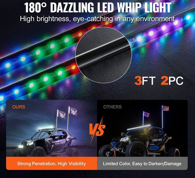 2 Pcs 3 Ft Whip Light App & Rf Remote Control Led Whip Light Waterproof Rgb Chasing Lighted Whips With 4 Flags For Utvs Atvs Motorcycles Rzr Can-Am Trucks Off-Road Go-Karts