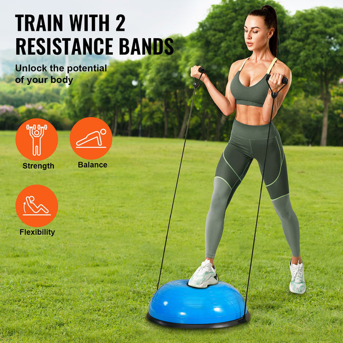 Half Exercise Ball Trainer 23 Inch Balance Ball Trainer 660Lbs Capacity Stability Ball Yoga Ball With Resistance Bands & Foot Pump Strength Fitness Ball For Home Gym Full Body Workout Blue