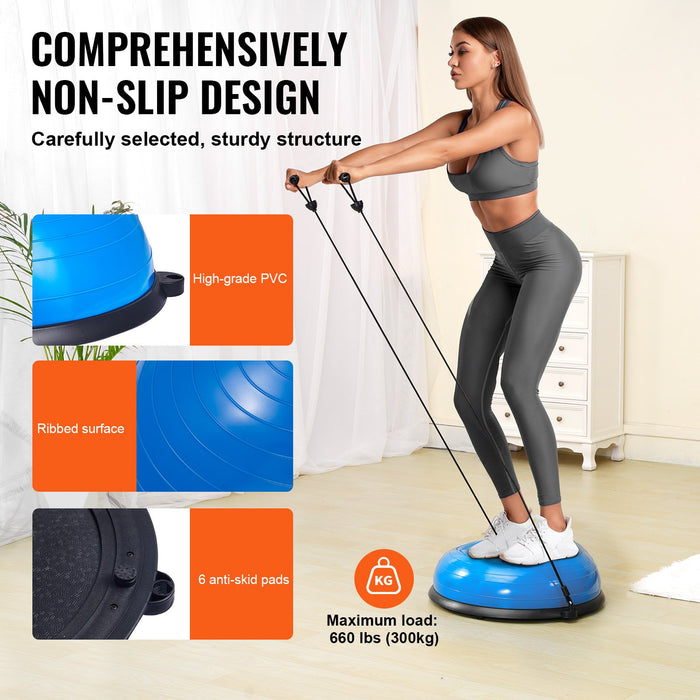Half Exercise Ball Trainer 23 Inch Balance Ball Trainer 660Lbs Capacity Stability Ball Yoga Ball With Resistance Bands & Foot Pump Strength Fitness Ball For Home Gym Full Body Workout Blue