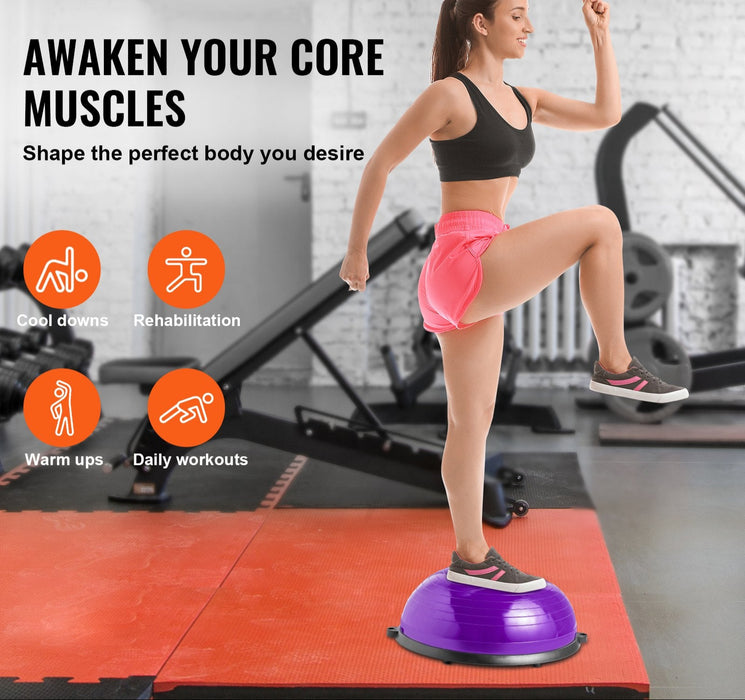 Half Exercise Ball Trainer 23 Inch Balance Ball Trainer 660Lbs Stability Ball Yoga Ball With Resistance Bands & Foot Pump Strength Fitness Ball For Home Gym Full Body Workout Purple