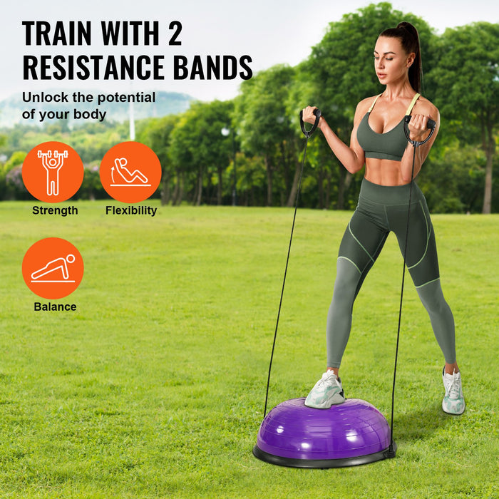 Half Exercise Ball Trainer 23 Inch Balance Ball Trainer 660Lbs Stability Ball Yoga Ball With Resistance Bands & Foot Pump Strength Fitness Ball For Home Gym Full Body Workout Purple