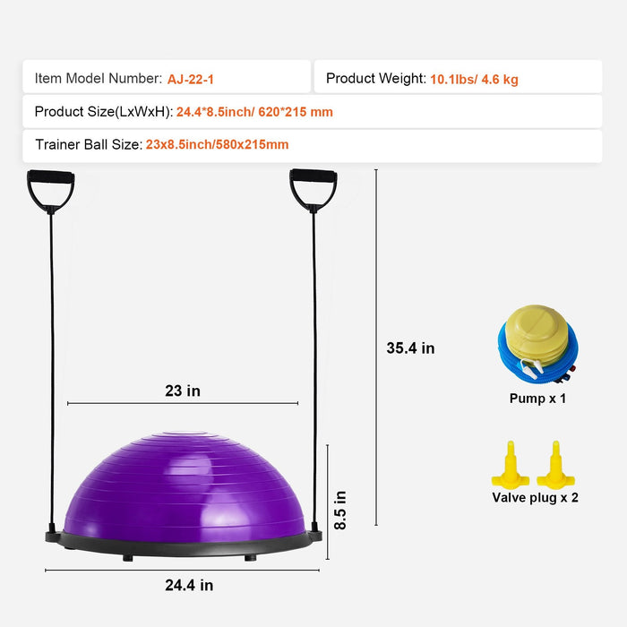 Half Exercise Ball Trainer 23 Inch Balance Ball Trainer 660Lbs Stability Ball Yoga Ball With Resistance Bands & Foot Pump Strength Fitness Ball For Home Gym Full Body Workout Purple