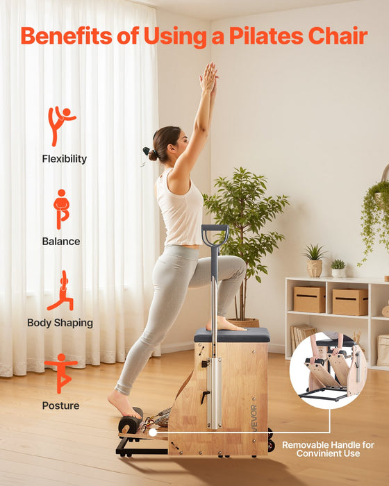 Pilates Chair Split-Pedal Stability Combo Chairs With Handles Rubber Wood Frame Yoga Fitness Trainer Exercise Reformer Pilates Resistance-Workout Equipment For Home Gym Studio Workout