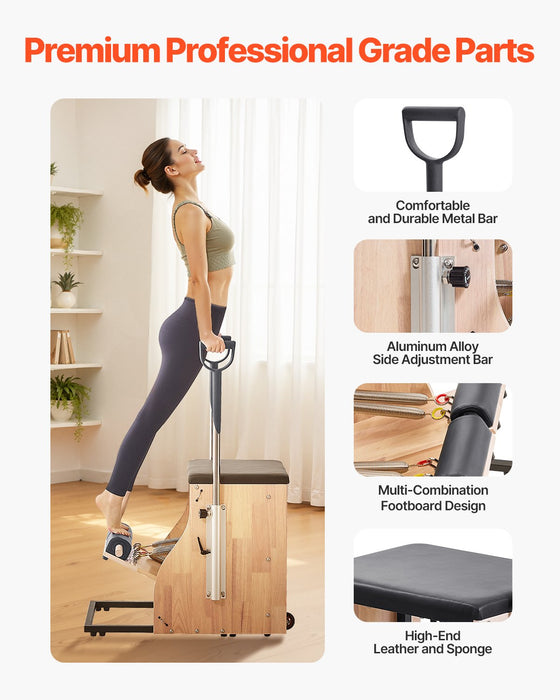 Pilates Chair Split-Pedal Stability Combo Chairs With Handles Rubber Wood Frame Yoga Fitness Trainer Exercise Reformer Pilates Resistance-Workout Equipment For Home Gym Studio Workout