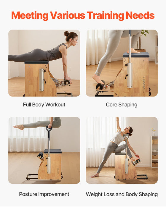 Pilates Chair Split-Pedal Stability Combo Chairs With Handles Rubber Wood Frame Yoga Fitness Trainer Exercise Reformer Pilates Resistance-Workout Equipment For Home Gym Studio Workout
