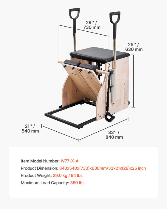 Pilates Chair Split-Pedal Stability Combo Chairs With Handles Rubber Wood Frame Yoga Fitness Trainer Exercise Reformer Pilates Resistance-Workout Equipment For Home Gym Studio Workout